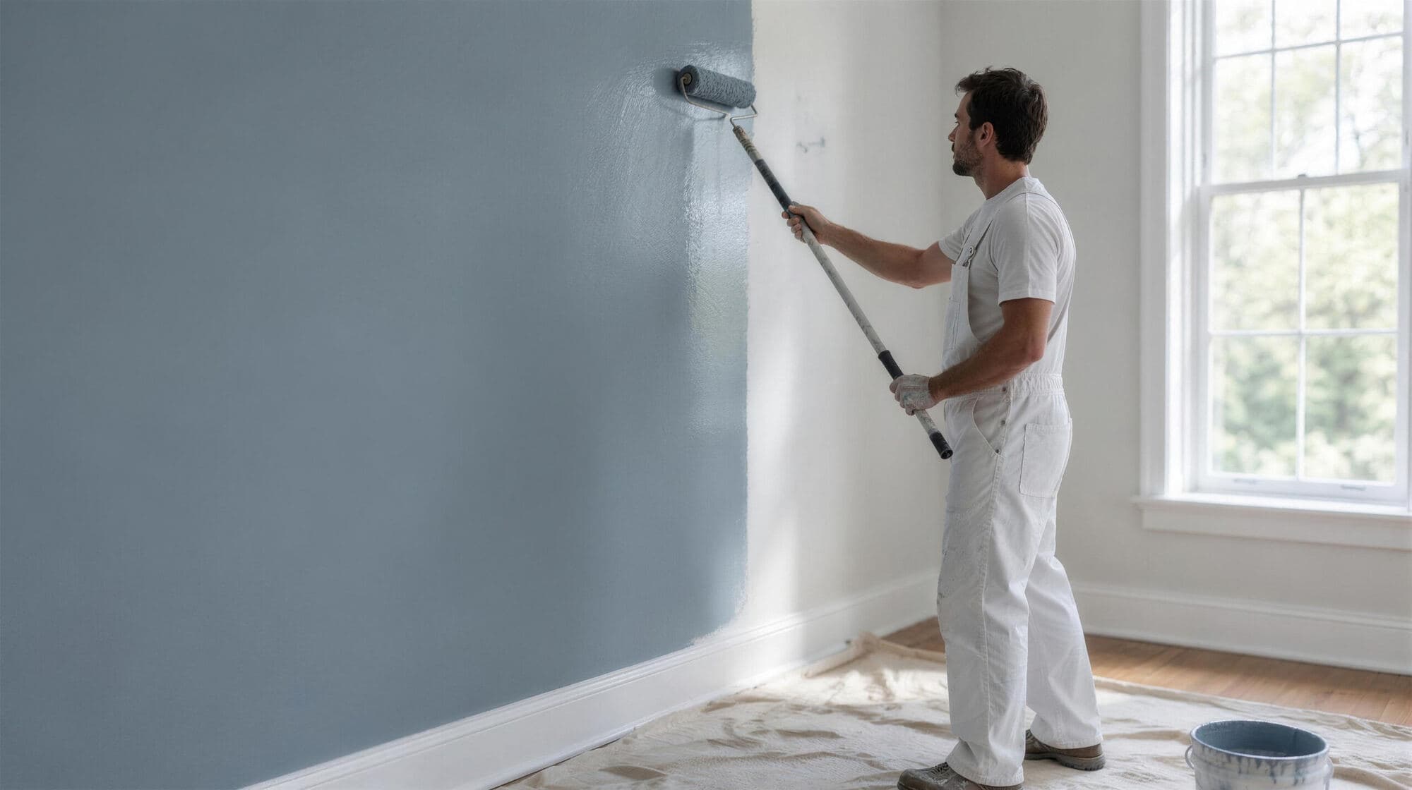 Painter rolling a blue-gray wall next to a bright window