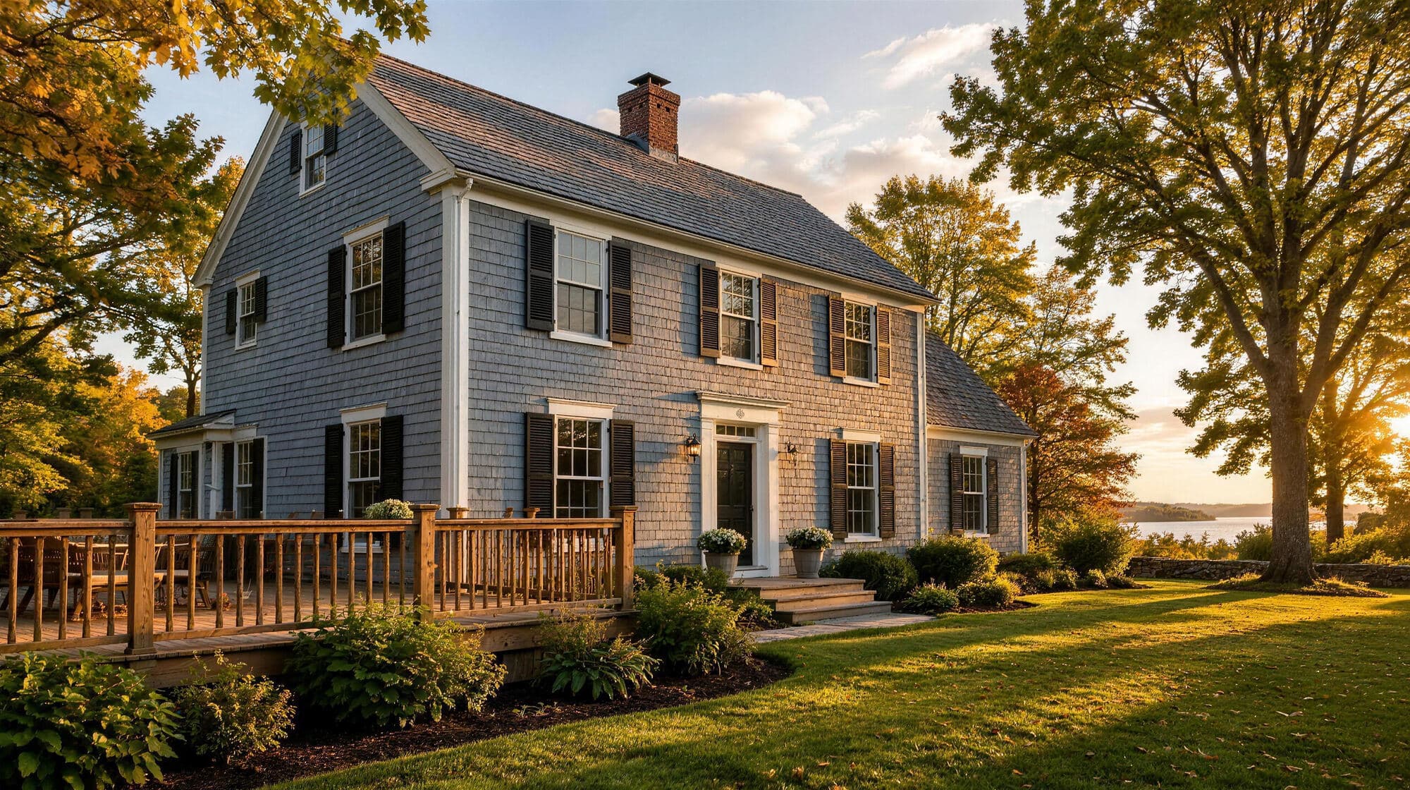 Gray shingled colonial house with black shutters in warm evening light