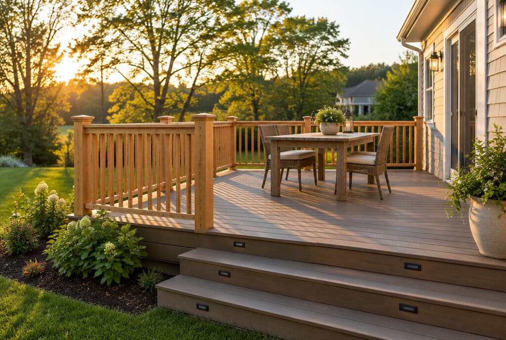 Wood deck and railing in late afternoon light