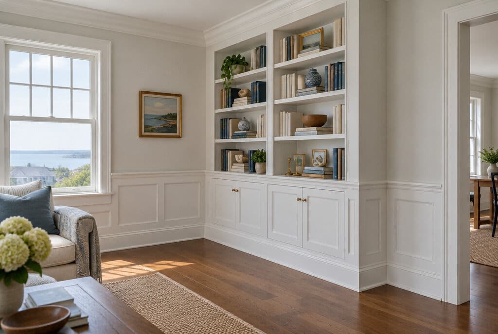 White built-in shelving, wainscoting and window trim
