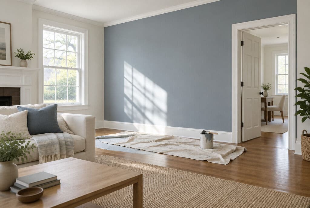 Living room with a freshly painted blue-gray wall