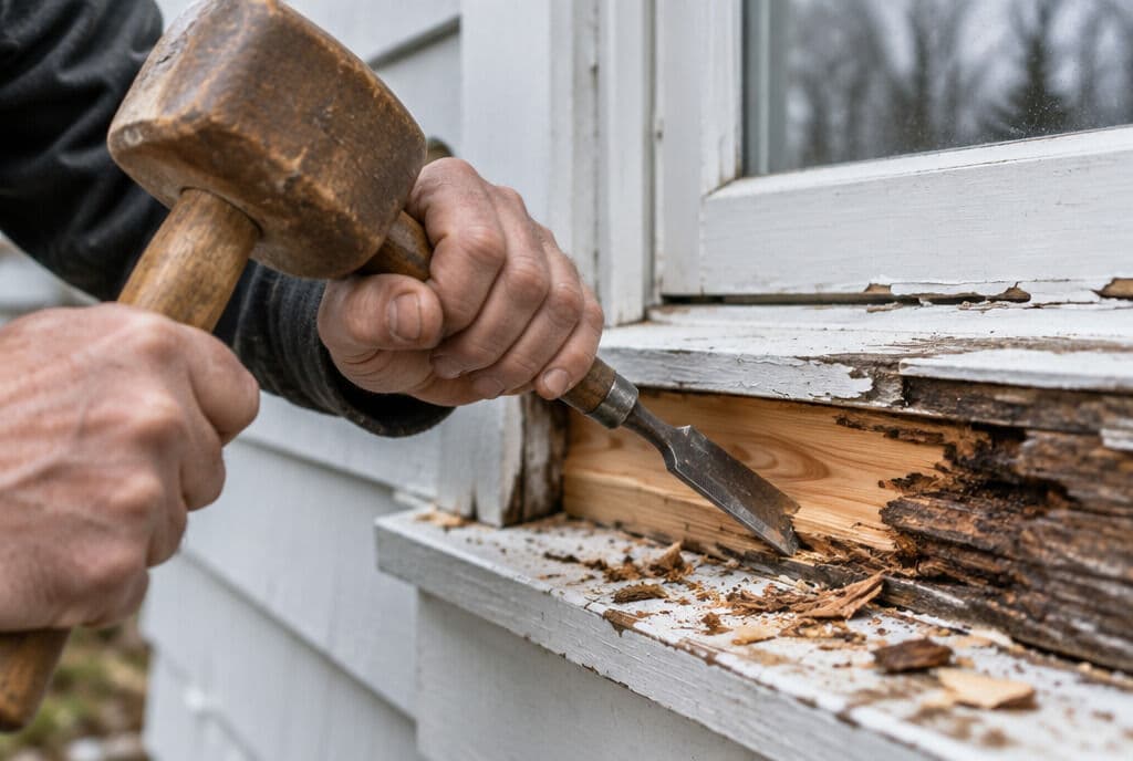 Hands chiseling rotted wood out of a window sill